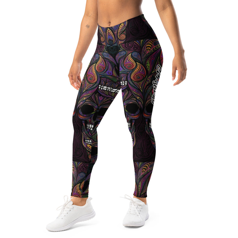 Personalisierte Sportleggings Damen Totenkopf Design Bunt Psychadelisches Muster Fitness Yoga Leggings C062
