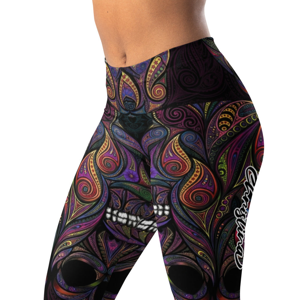 Personalisierte Sportleggings Damen Totenkopf Design Bunt Psychadelisches Muster Fitness Yoga Leggings C062