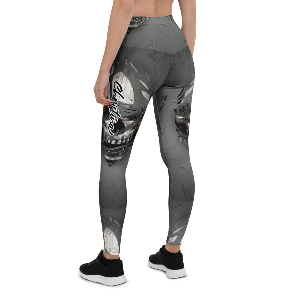 Personalisierte Damen Sportleggings Fantasy Maske Design Grau Schwarz Fitness Leggings Yoga Hose O233