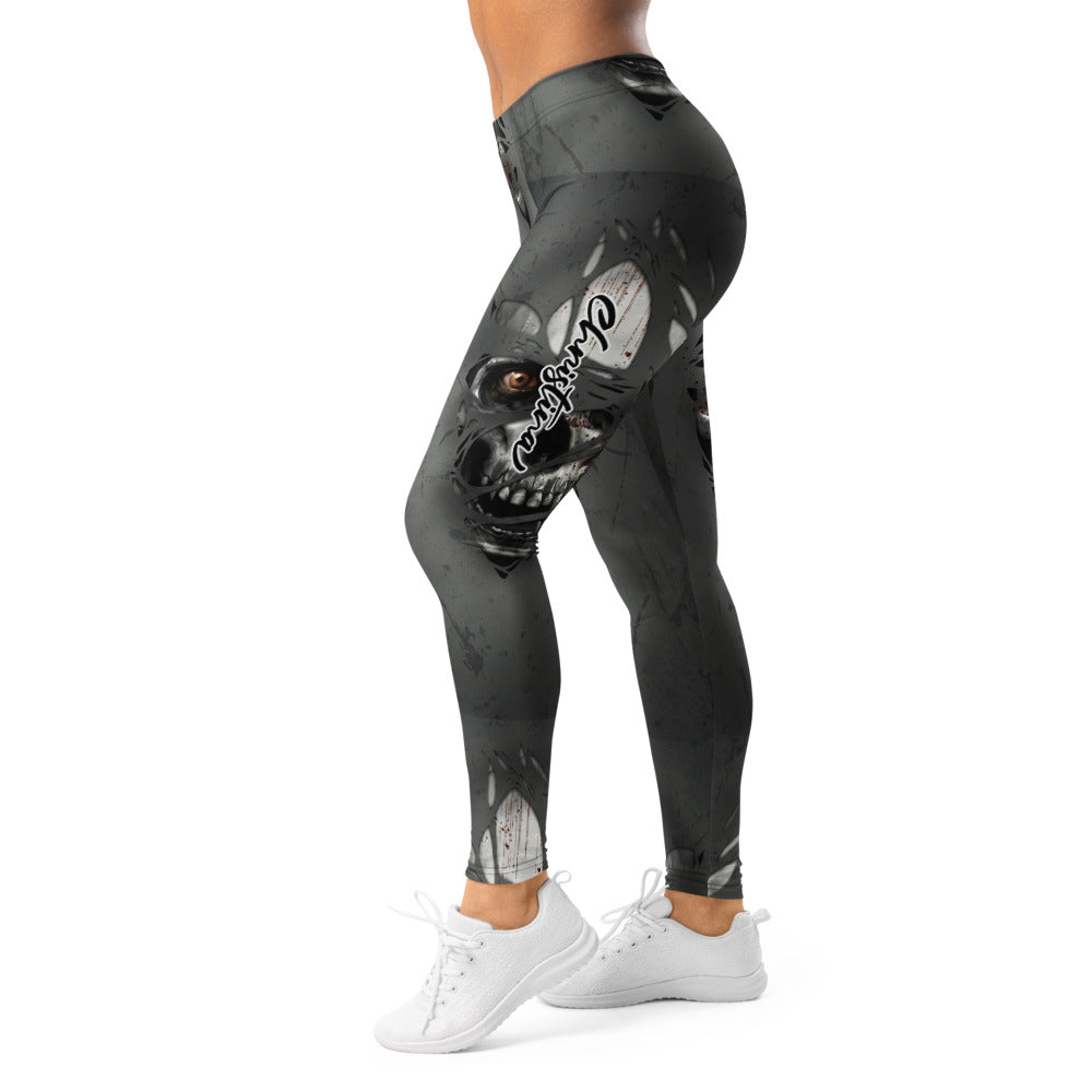 Personalisierte Damen Sportleggings Fantasy Maske Design Grau Schwarz Fitness Leggings Yoga Hose O233
