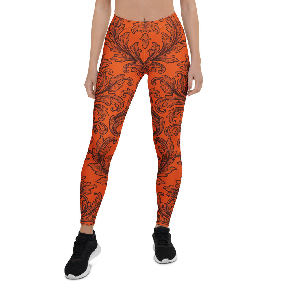 Personalisierte Damen Sportleggings Barock Muster Orange Schwarz Fitness Yoga Leggings Ornament Design R943