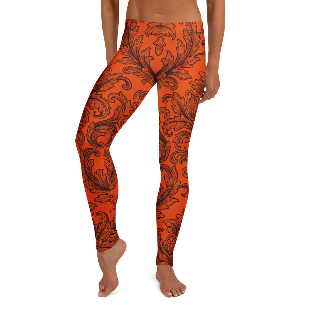 Personalisierte Damen Sportleggings Barock Muster Orange Schwarz Fitness Yoga Leggings Ornament Design R943