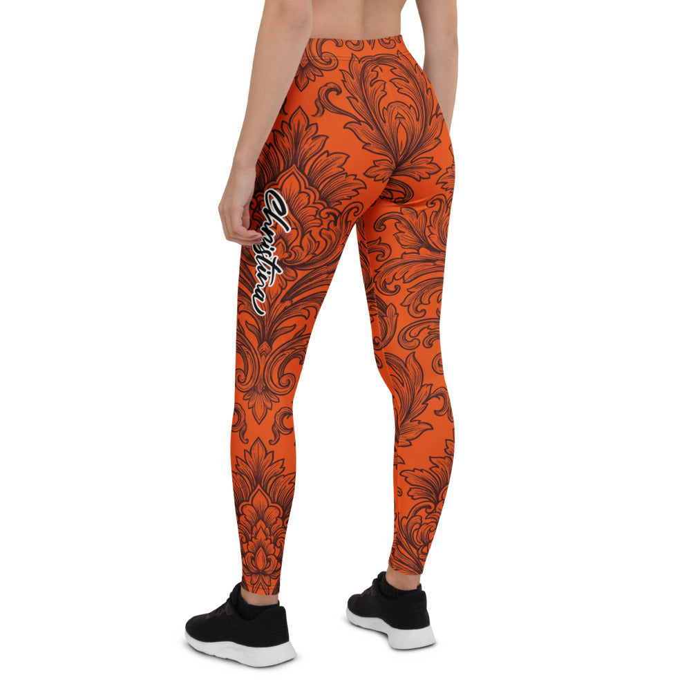 Personalisierte Damen Sportleggings Barock Muster Orange Schwarz Fitness Yoga Leggings Ornament Design R943