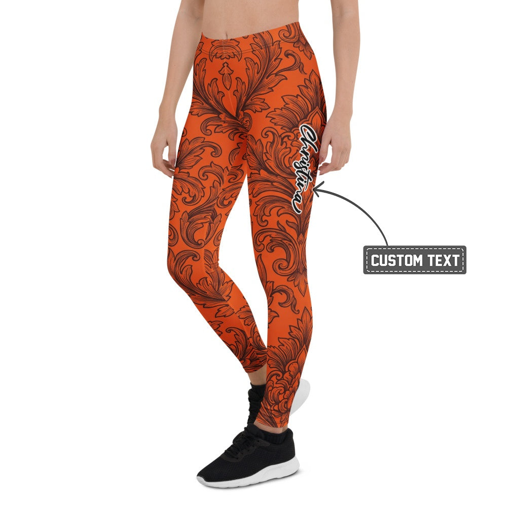 Personalisierte Damen Sportleggings Barock Muster Orange Schwarz Fitness Yoga Leggings Ornament Design R943 - XL