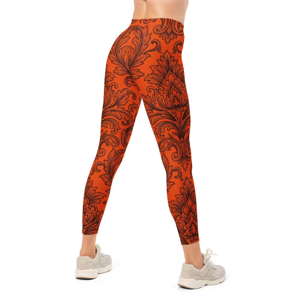 Personalisierte Damen Sportleggings Barock Muster Orange Schwarz Fitness Yoga Leggings Ornament Design R943