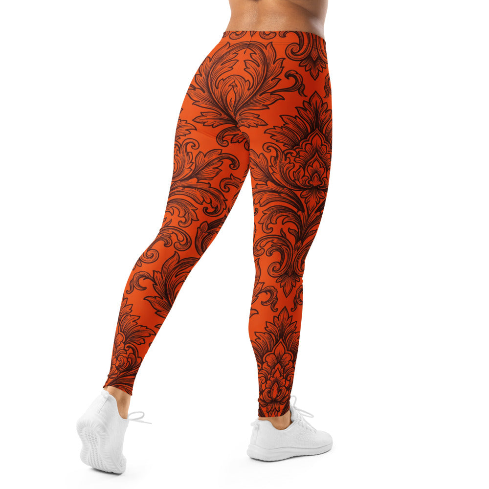 Personalisierte Damen Sportleggings Barock Muster Orange Schwarz Fitness Yoga Leggings Ornament Design R943