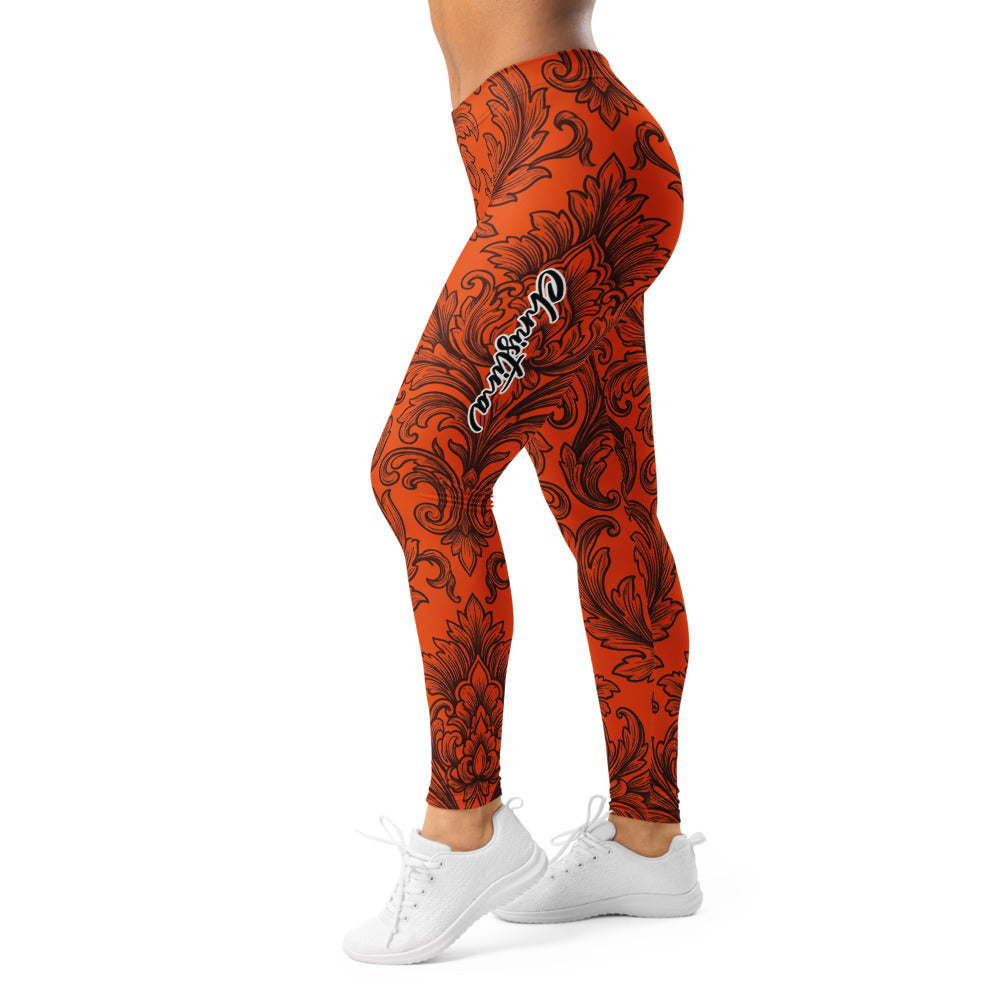 Personalisierte Damen Sportleggings Barock Muster Orange Schwarz Fitness Yoga Leggings Ornament Design R943