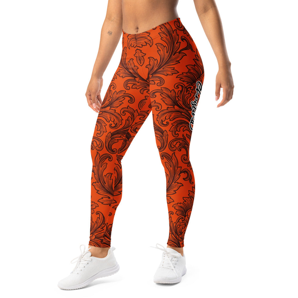 Personalisierte Damen Sportleggings Barock Muster Orange Schwarz Fitness Yoga Leggings Ornament Design R943