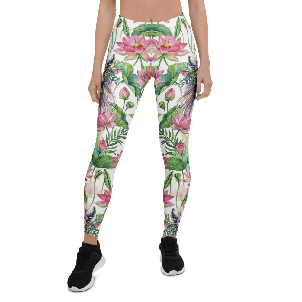 Personalisierte Damen Sportleggings Lotus Blumenmuster Weiß Pink Yoga Leggings Fitnesshose Blickdicht N844
