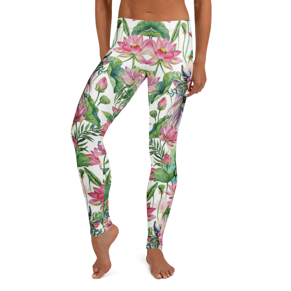 Personalisierte Damen Sportleggings Lotus Blumenmuster Weiß Pink Yoga Leggings Fitnesshose Blickdicht N844