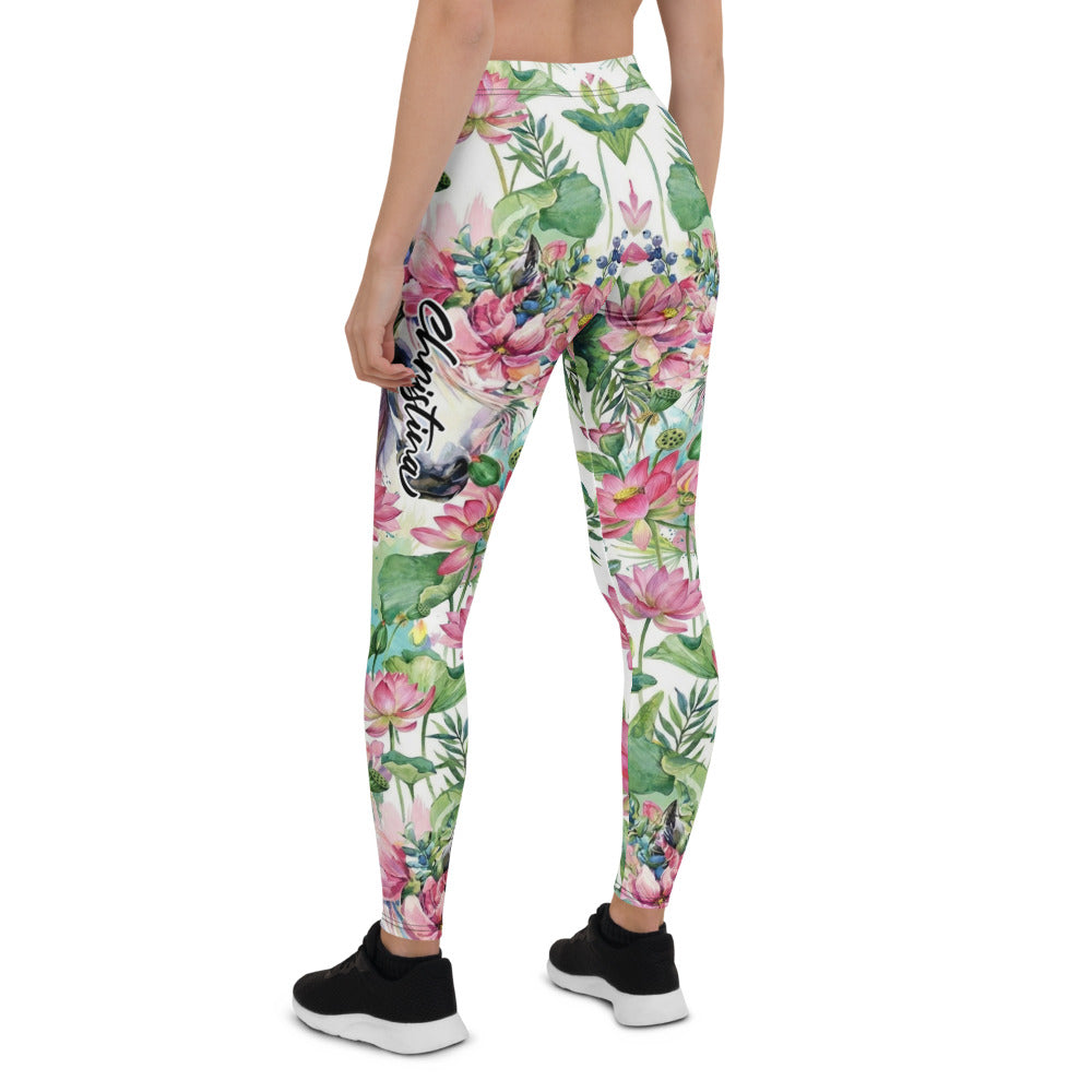 Personalisierte Damen Sportleggings Lotus Blumenmuster Weiß Pink Yoga Leggings Fitnesshose Blickdicht N844