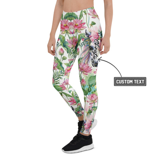 Personalisierte Damen Sportleggings Lotus Blumenmuster Weiß Pink Yoga Leggings Fitnesshose Blickdicht N844 - XL