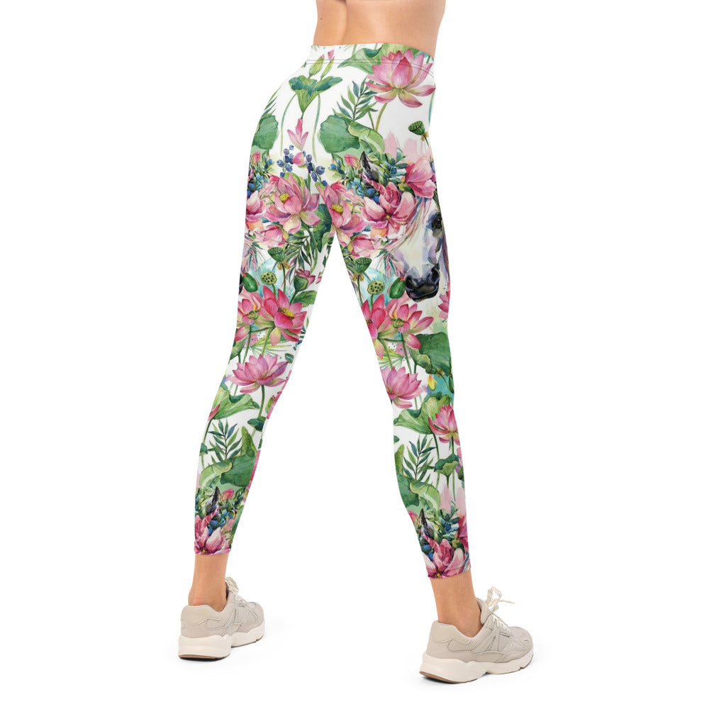 Personalisierte Damen Sportleggings Lotus Blumenmuster Weiß Pink Yoga Leggings Fitnesshose Blickdicht N844