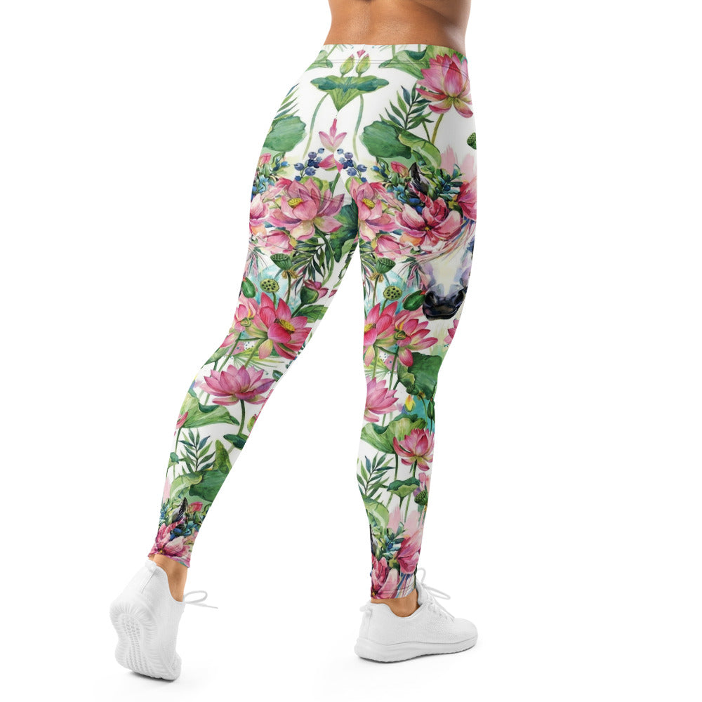 Personalisierte Damen Sportleggings Lotus Blumenmuster Weiß Pink Yoga Leggings Fitnesshose Blickdicht N844