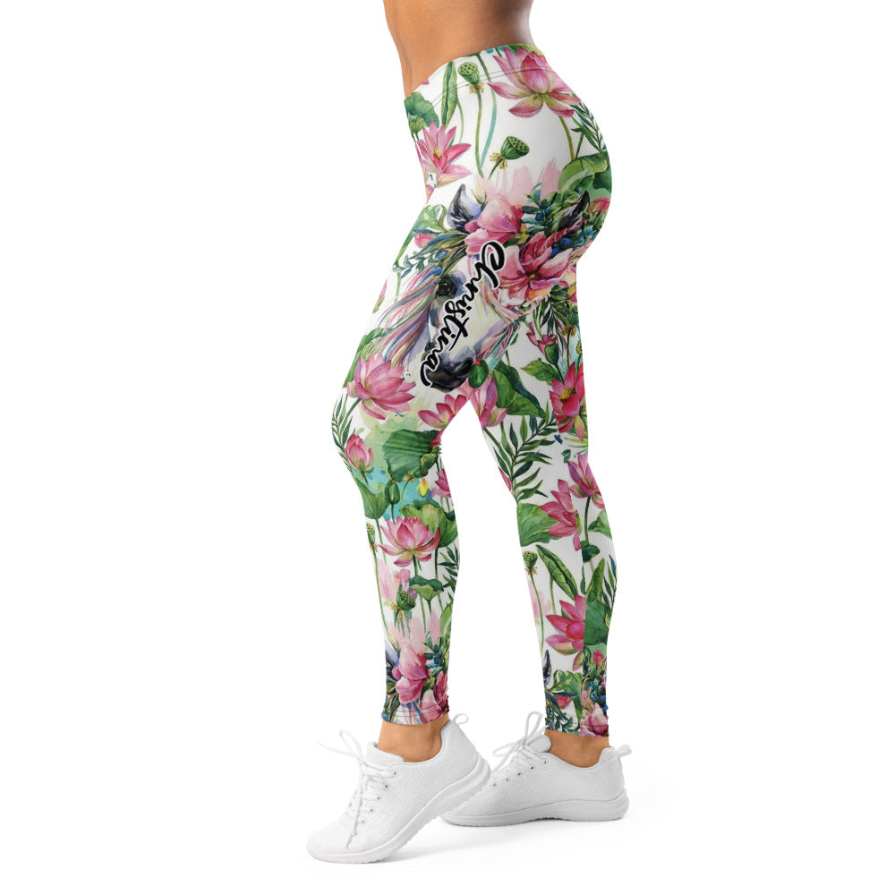 Personalisierte Damen Sportleggings Lotus Blumenmuster Weiß Pink Yoga Leggings Fitnesshose Blickdicht N844