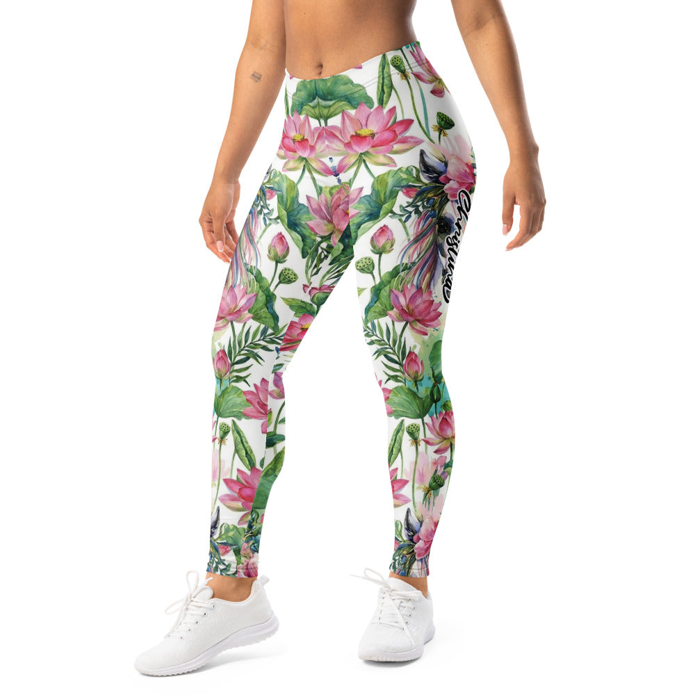 Personalisierte Damen Sportleggings Lotus Blumenmuster Weiß Pink Yoga Leggings Fitnesshose Blickdicht N844