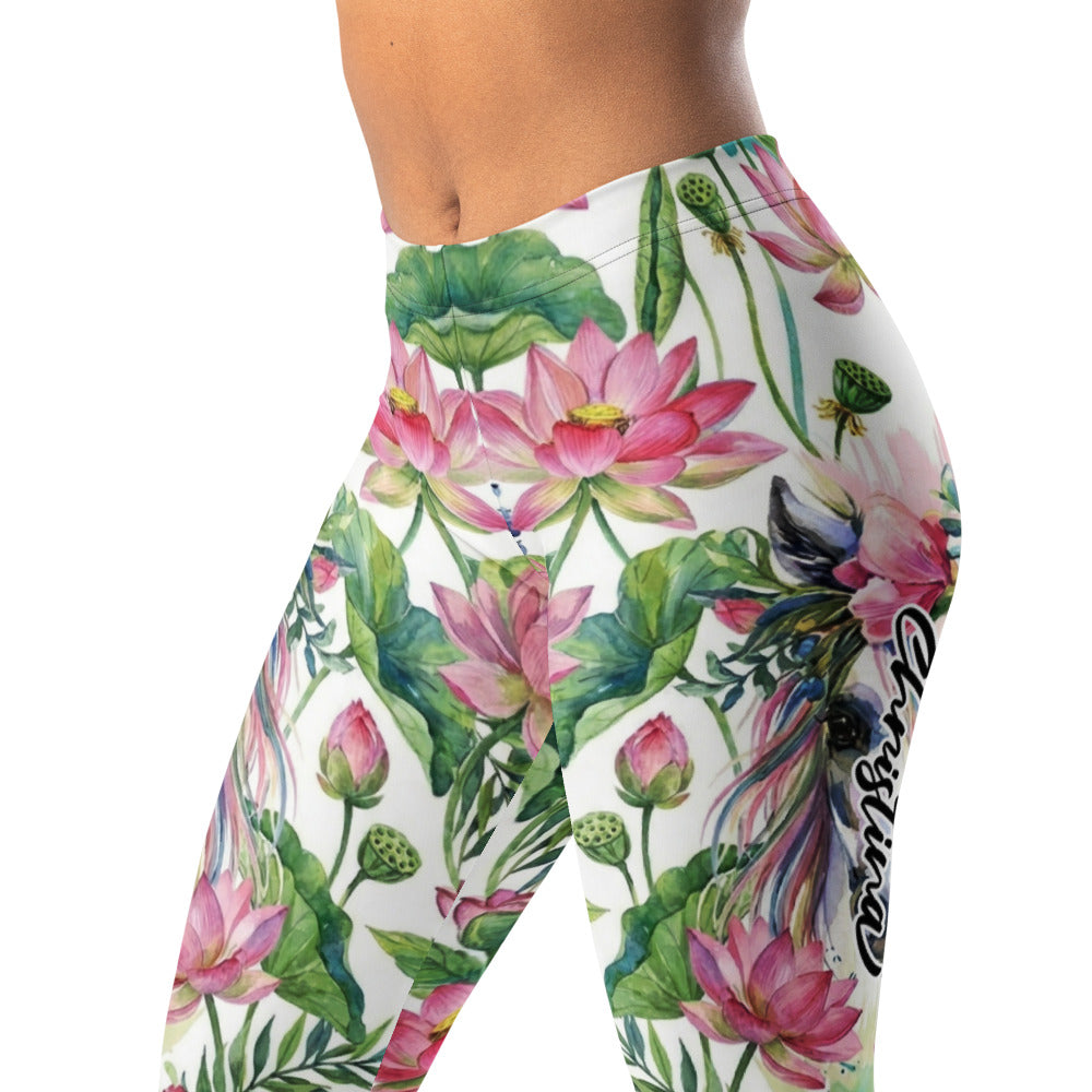 Personalisierte Damen Sportleggings Lotus Blumenmuster Weiß Pink Yoga Leggings Fitnesshose Blickdicht N844