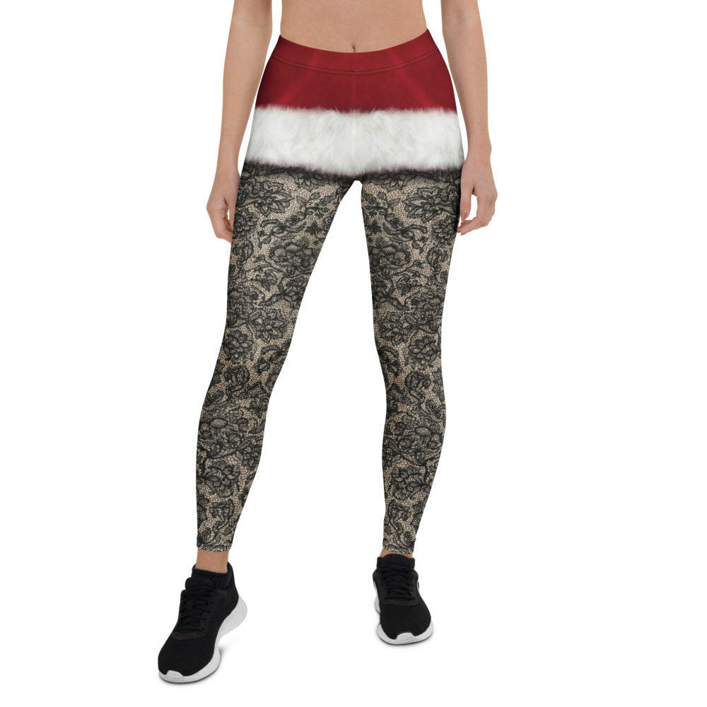 Personalisierte Damen Leggings Weihnachten Santa Design Schwarz Rot Spitzenoptik Fitnesshose C465