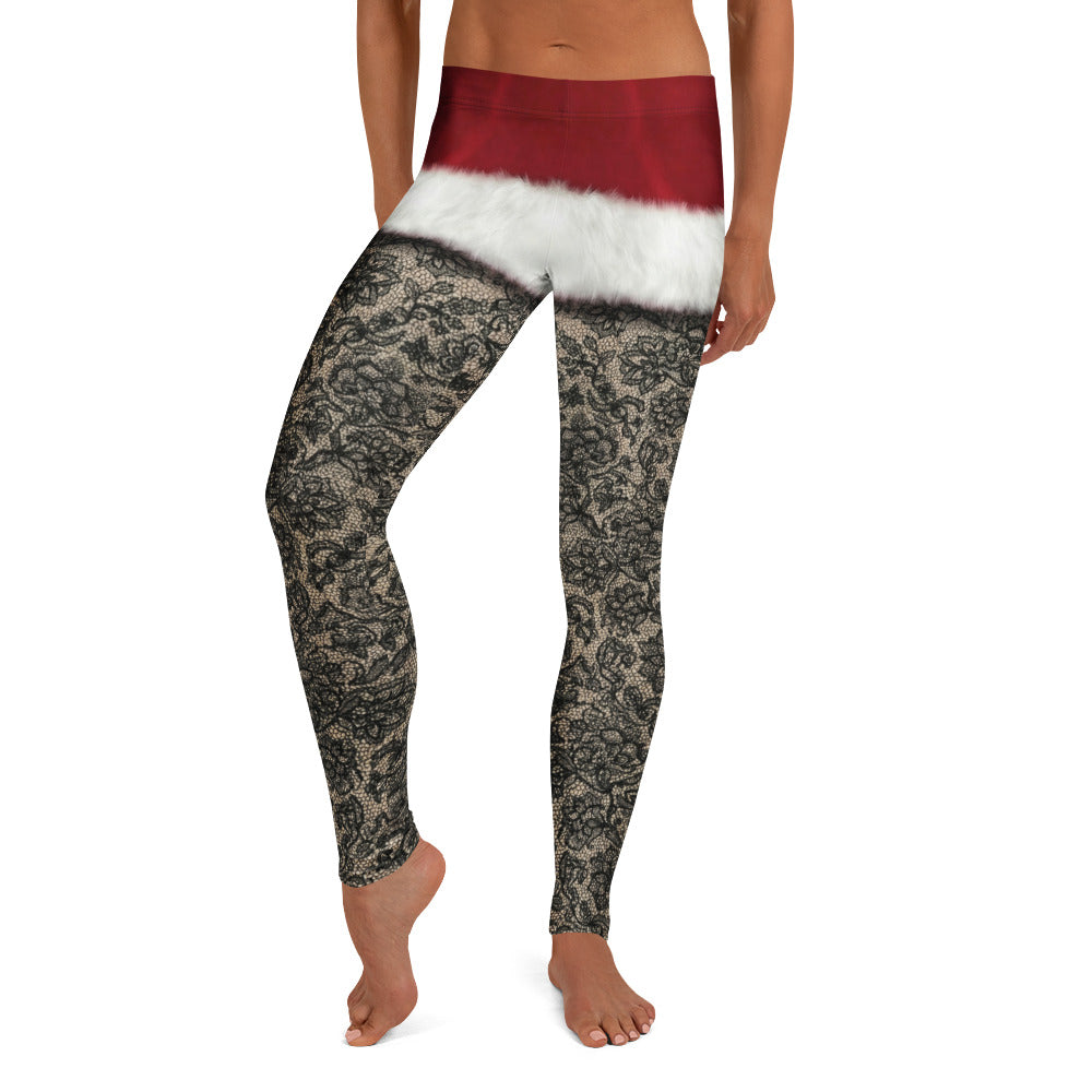Personalisierte Damen Leggings Weihnachten Santa Design Schwarz Rot Spitzenoptik Fitnesshose C465