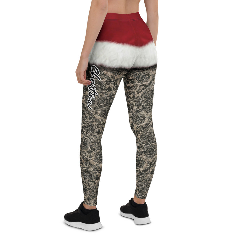 Personalisierte Damen Leggings Weihnachten Santa Design Schwarz Rot Spitzenoptik Fitnesshose C465