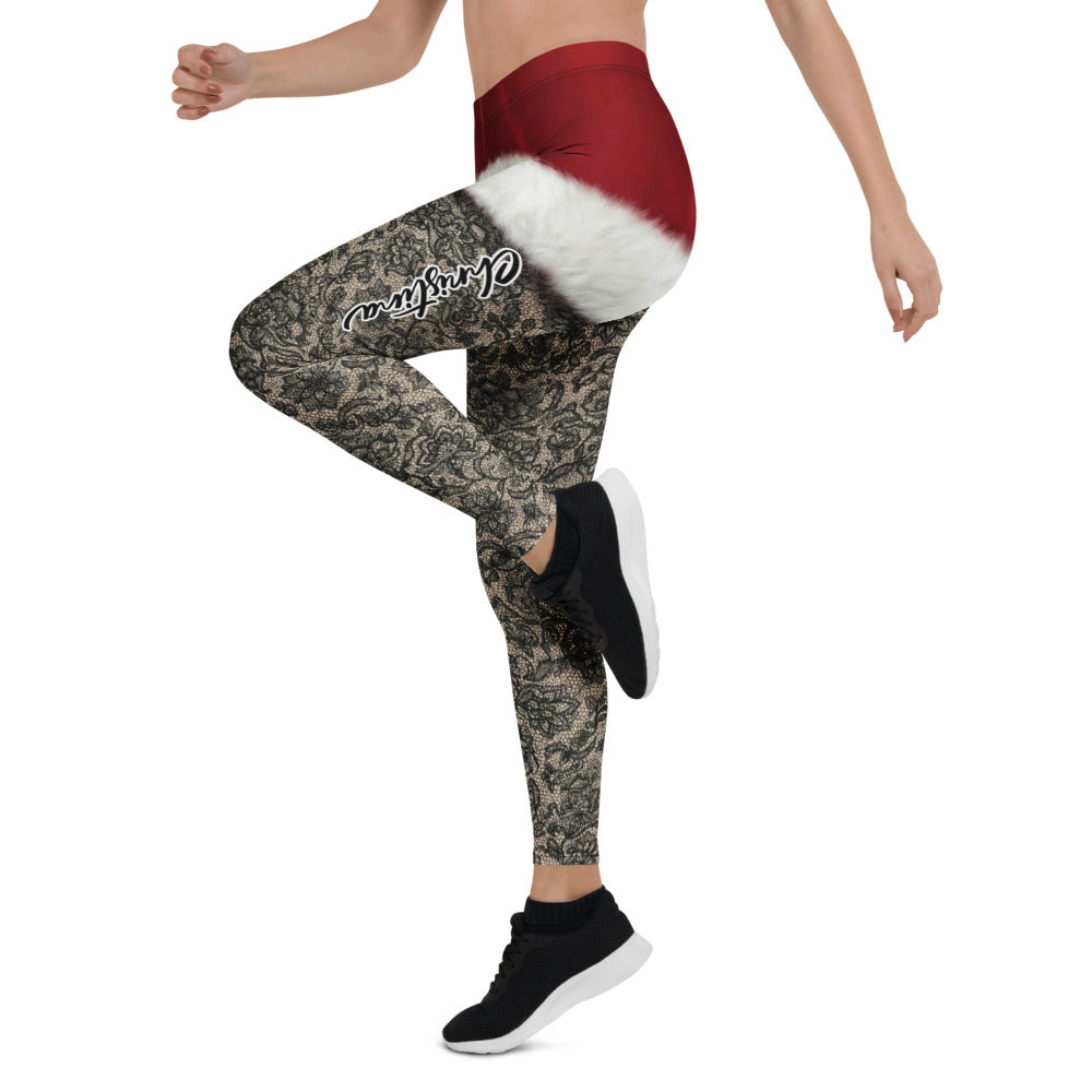 Personalisierte Damen Leggings Weihnachten Santa Design Schwarz Rot Spitzenoptik Fitnesshose C465