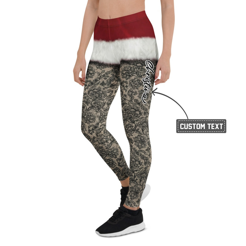 Personalisierte Damen Leggings Weihnachten Santa Design Schwarz Rot Spitzenoptik Fitnesshose C465 - XL