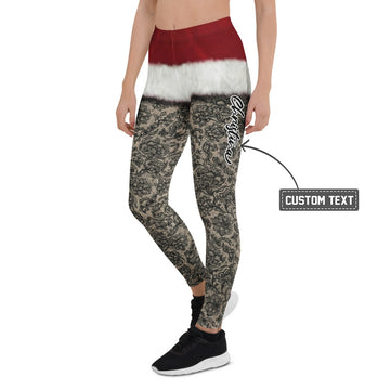 Personalisierte Damen Leggings Weihnachten Santa Design Schwarz Rot Spitzenoptik Fitnesshose C465 - XL