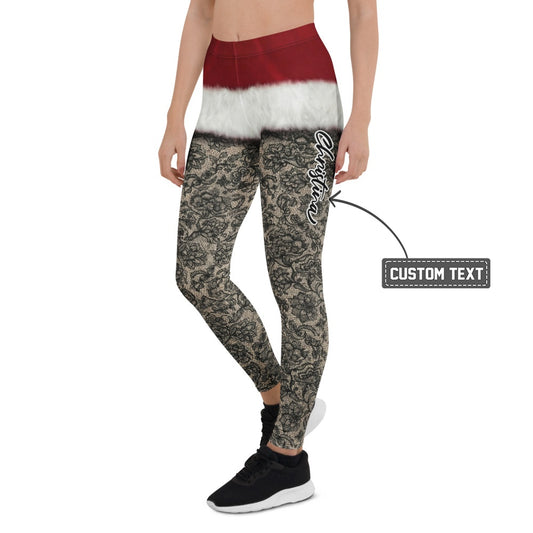 Personalisierte Damen Leggings Weihnachten Santa Design Schwarz Rot Spitzenoptik Fitnesshose C465 - XL