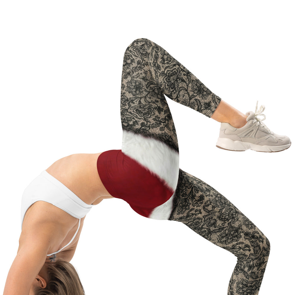 Personalisierte Damen Leggings Weihnachten Santa Design Schwarz Rot Spitzenoptik Fitnesshose C465