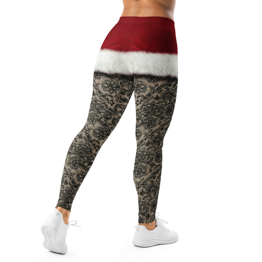 Personalisierte Damen Leggings Weihnachten Santa Design Schwarz Rot Spitzenoptik Fitnesshose C465