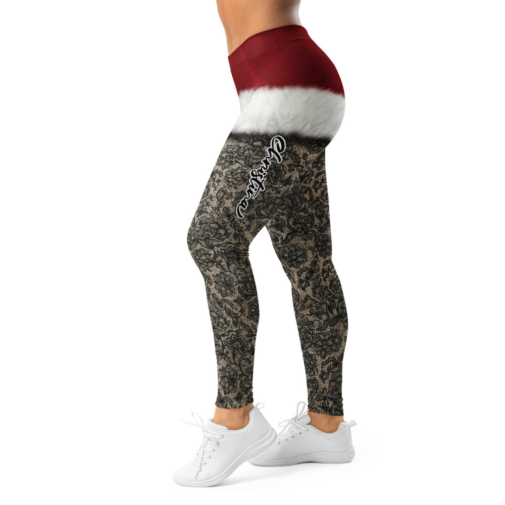 Personalisierte Damen Leggings Weihnachten Santa Design Schwarz Rot Spitzenoptik Fitnesshose C465