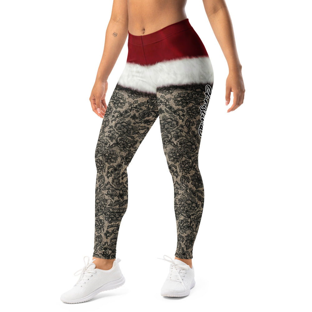 Personalisierte Damen Leggings Weihnachten Santa Design Schwarz Rot Spitzenoptik Fitnesshose C465