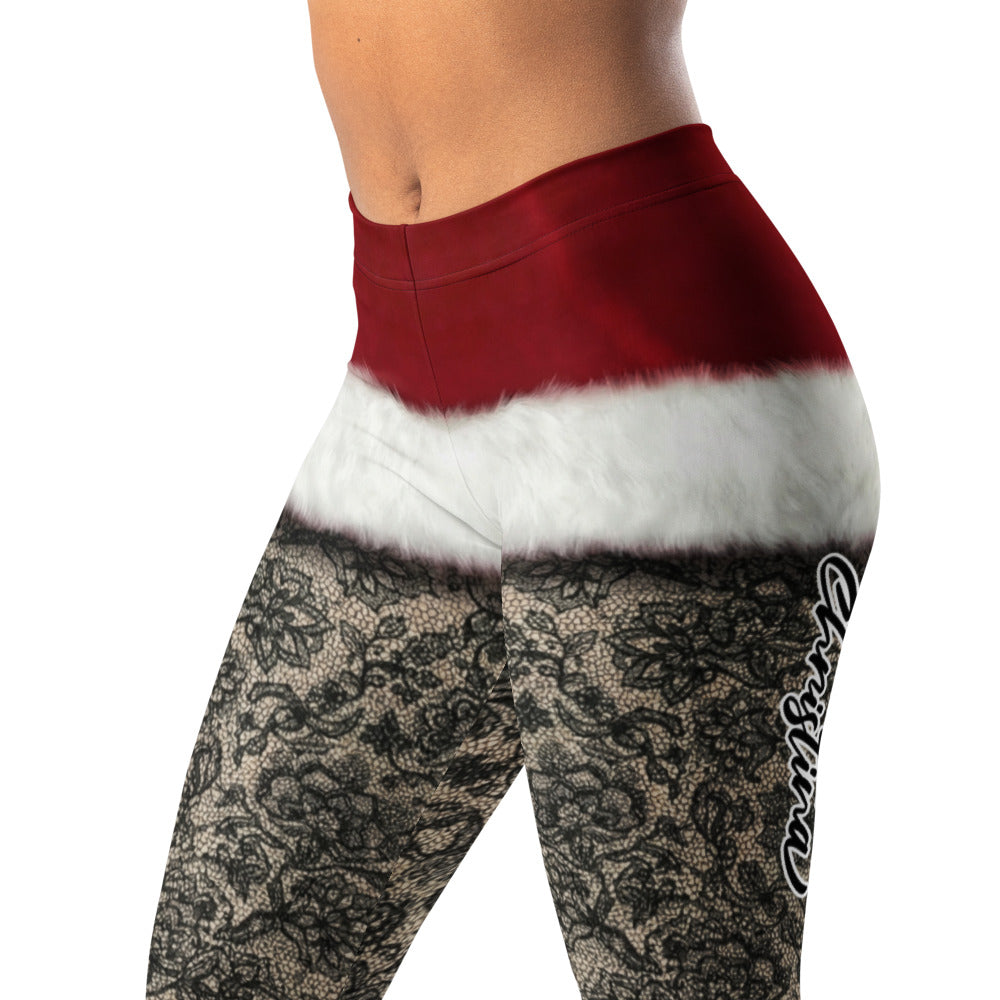 Personalisierte Damen Leggings Weihnachten Santa Design Schwarz Rot Spitzenoptik Fitnesshose C465