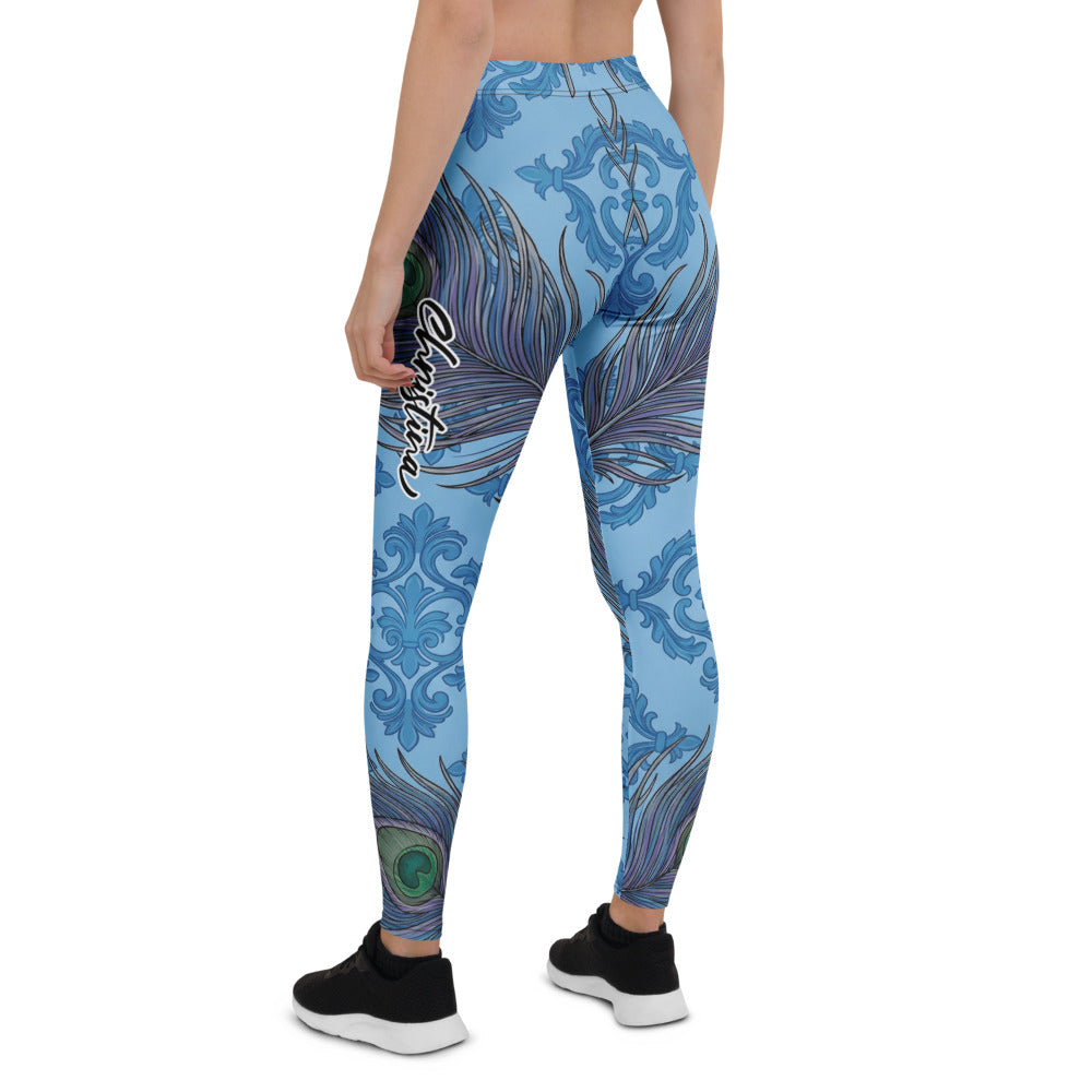 Personalisierte Damen Sportleggings Pfauenmuster Blau Ornament Design Fitness Yoga Leggings Q652