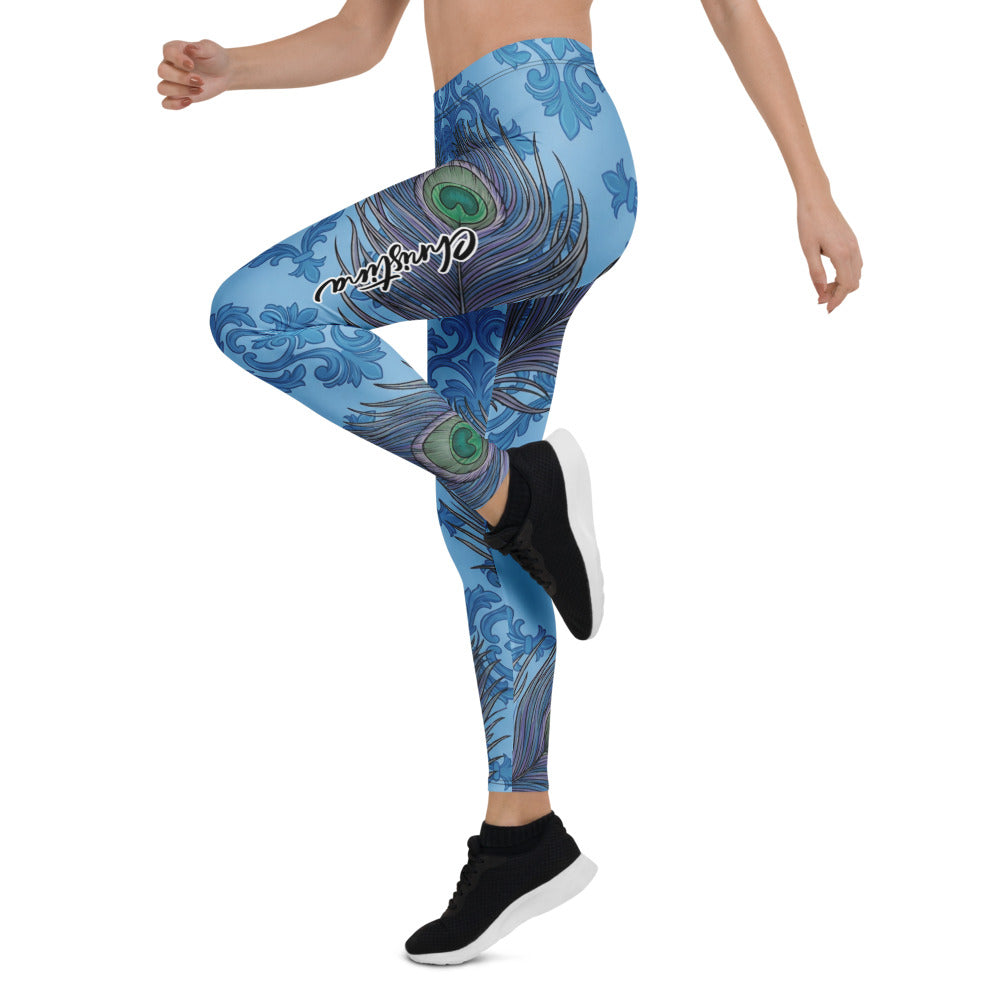 Personalisierte Damen Sportleggings Pfauenmuster Blau Ornament Design Fitness Yoga Leggings Q652