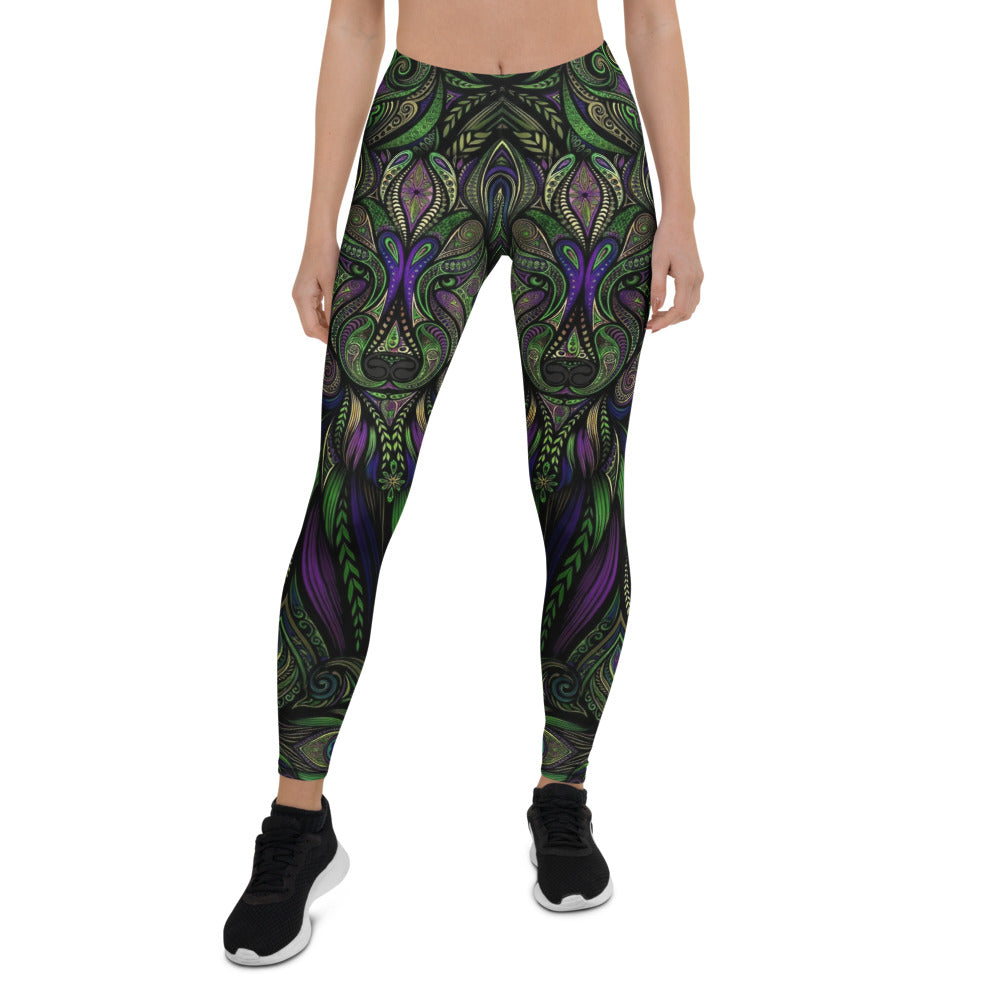 Personalisierte Sportleggings Damen Mandala Design Grün Lila Fitness Yoga Leggings Abstrakt Bunt B029