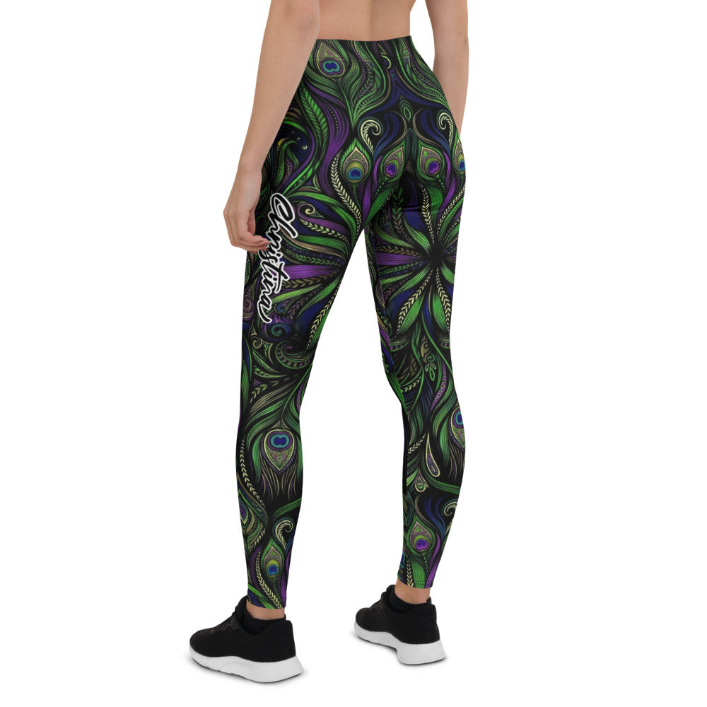 Personalisierte Sportleggings Damen Mandala Design Grün Lila Fitness Yoga Leggings Abstrakt Bunt B029