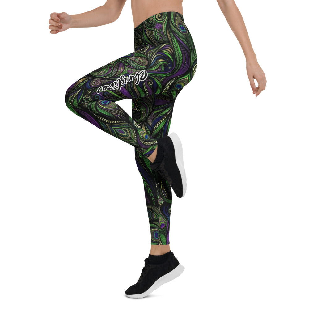 Personalisierte Sportleggings Damen Mandala Design Grün Lila Fitness Yoga Leggings Abstrakt Bunt B029