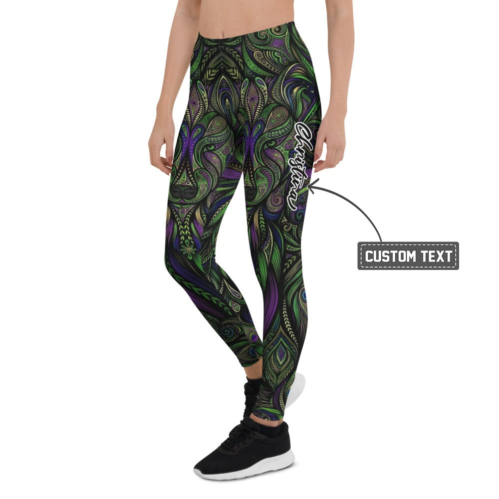 Personalisierte Sportleggings Damen Mandala Design Grün Lila Fitness Yoga Leggings Abstrakt Bunt B029 - XL