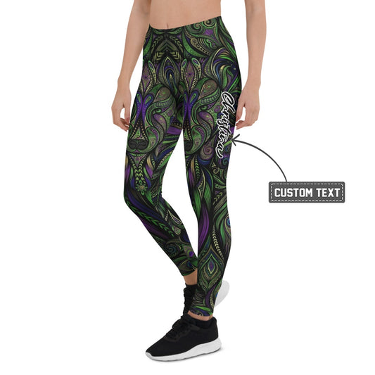Personalisierte Sportleggings Damen Mandala Design Grün Lila Fitness Yoga Leggings Abstrakt Bunt B029 - XL