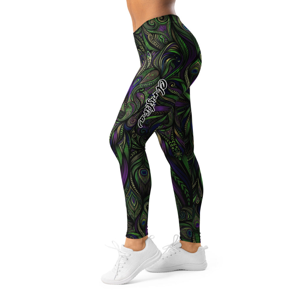 Personalisierte Sportleggings Damen Mandala Design Grün Lila Fitness Yoga Leggings Abstrakt Bunt B029