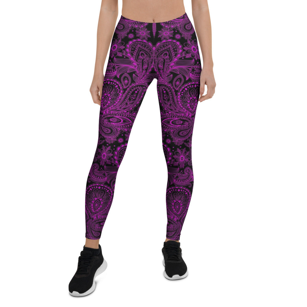 Personalisierte Damen Sportleggings Paisley Muster Lila Schwarz Fitness Yoga Leggings Ornament Design S553