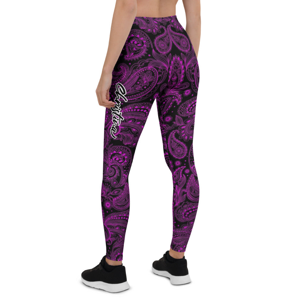 Personalisierte Damen Sportleggings Paisley Muster Lila Schwarz Fitness Yoga Leggings Ornament Design S553