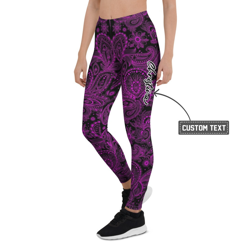 Personalisierte Damen Sportleggings Paisley Muster Lila Schwarz Fitness Yoga Leggings Ornament Design S553 - XL