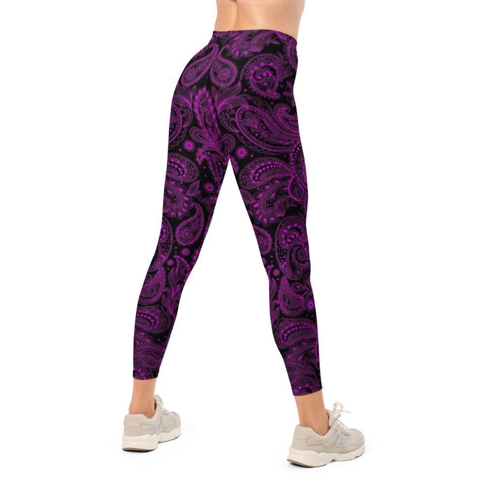 Personalisierte Damen Sportleggings Paisley Muster Lila Schwarz Fitness Yoga Leggings Ornament Design S553