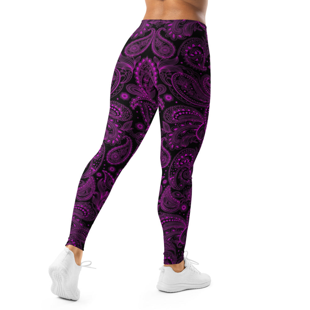 Personalisierte Damen Sportleggings Paisley Muster Lila Schwarz Fitness Yoga Leggings Ornament Design S553
