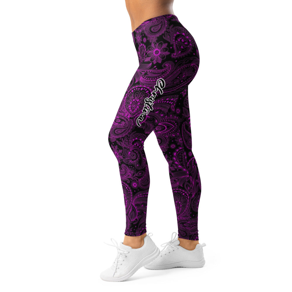 Personalisierte Damen Sportleggings Paisley Muster Lila Schwarz Fitness Yoga Leggings Ornament Design S553