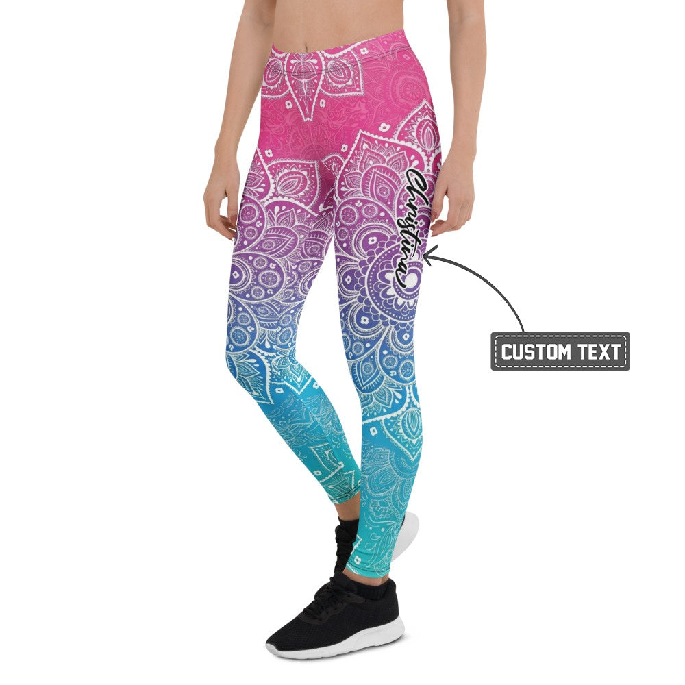 Personalisierte Damen Yoga Leggings Mandala Muster Farbverlauf Pink Blau Fitness Sportleggings Z125 - XL