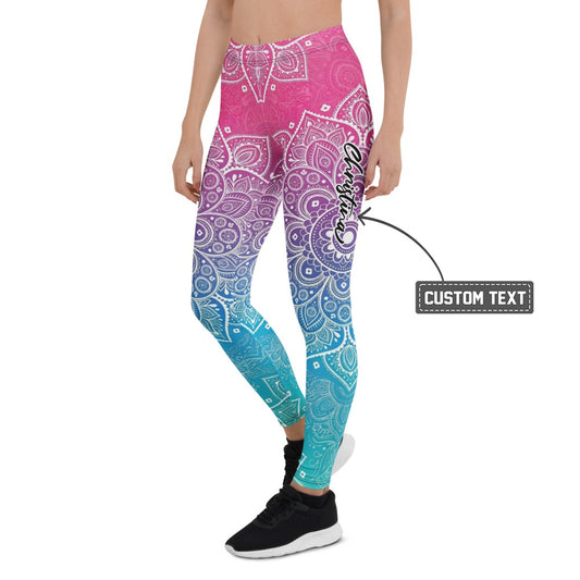 Personalisierte Damen Yoga Leggings Mandala Muster Farbverlauf Pink Blau Fitness Sportleggings Z125 - XL