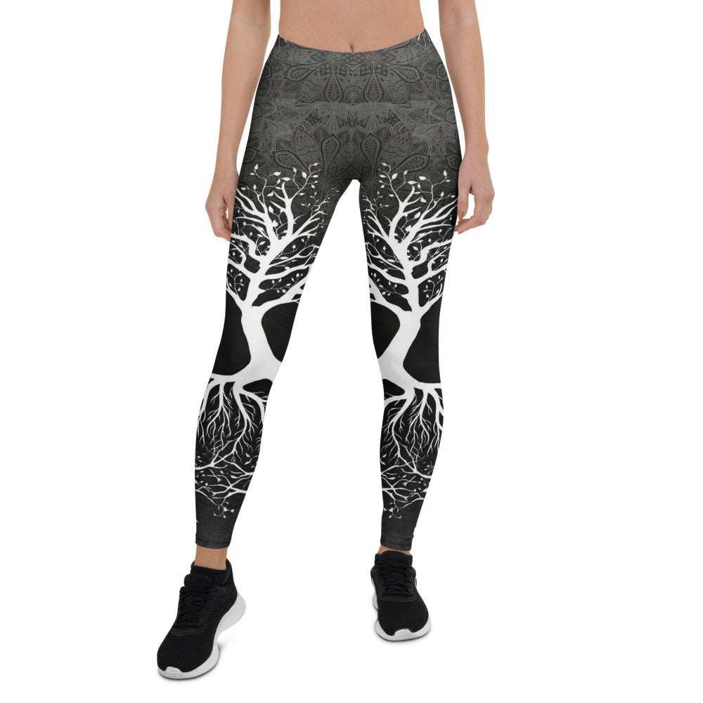 Personalisierte Damen Sportleggings Lebensbaum Motiv Schwarz Weiß Yoga Fitness Leggings Mandala Print M188